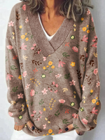 Flower Art Print Knit V-neck Pullover Sweater