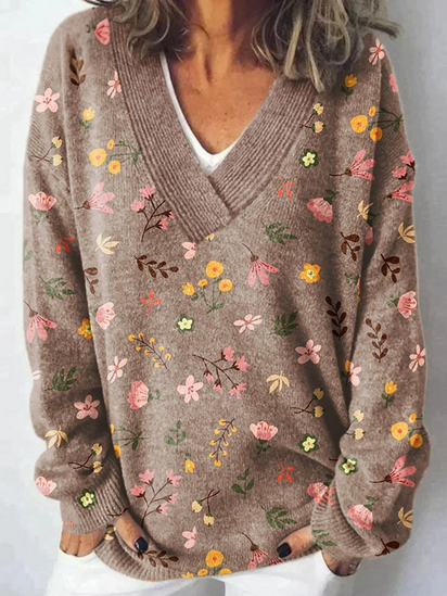 Flower Art Print Knit V-neck Pullover Sweater