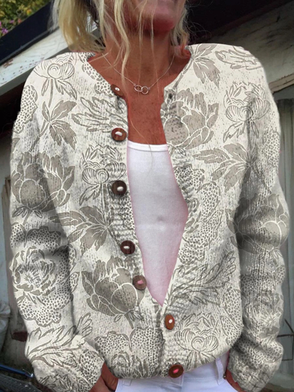 Women's Lovely Floral Art Print Buttoned Cardigan Sweater