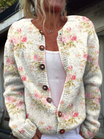 Fresh Pink Flowers and Green Leaves Print Buttoned Cardigan Sweater