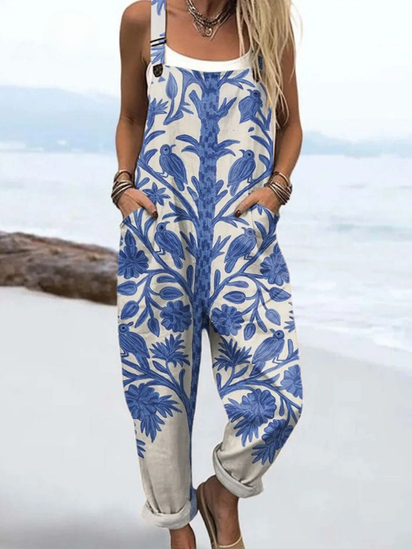 Women's  Vintage Floral Art Print Casual Linen V-neck Shirt