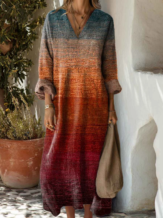 Women's Autumn Gradient Striped Art Print Dress