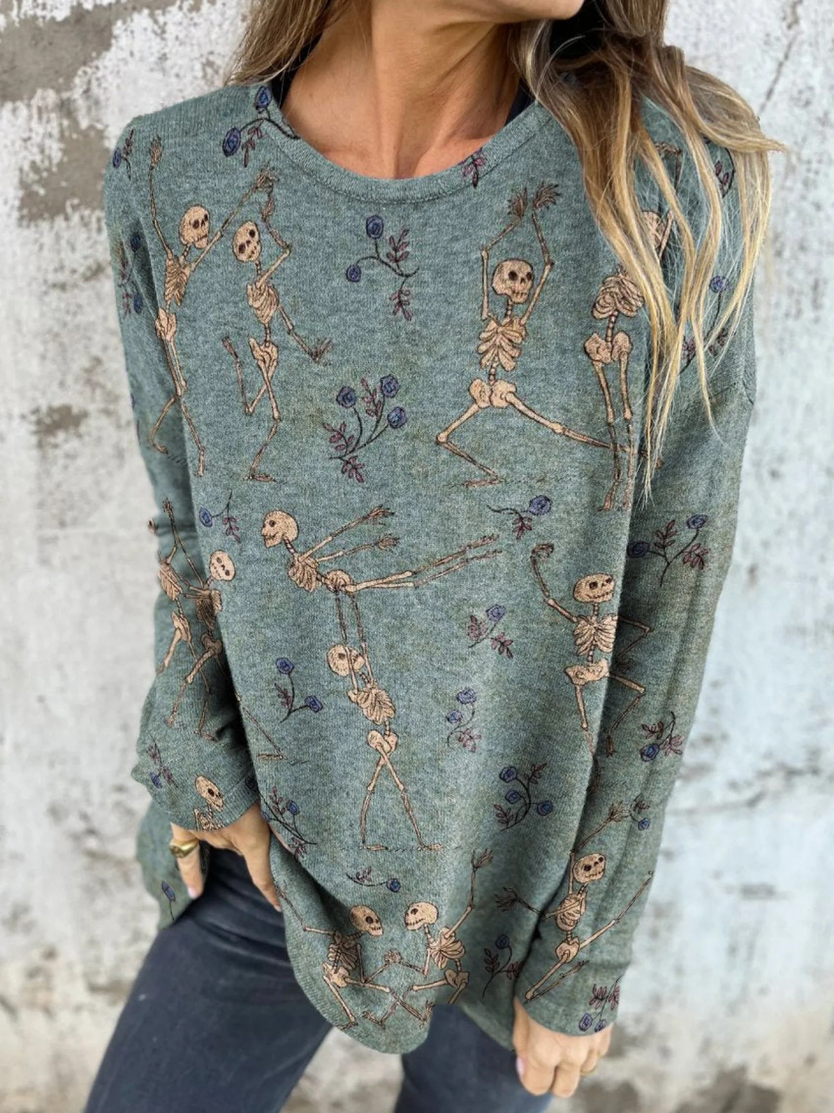 Weird Romantic Skull Pas De Deux Decorative Pattern Button Back Casual Knitted Shirt