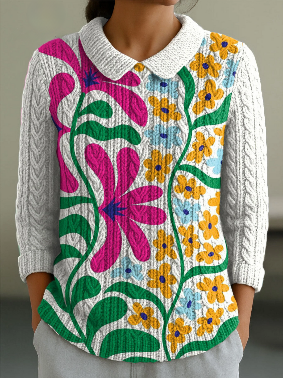 Women's Flowers Casual Peter Pan Collar 3/4 Sleeve Sweater