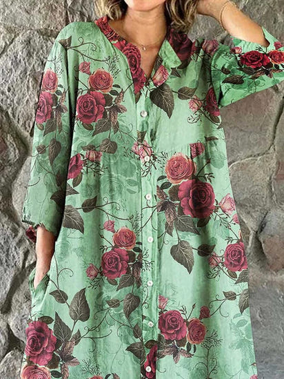 Women's Elegant Vintage Floral Print Shirt Style Cotton and Linen Dress