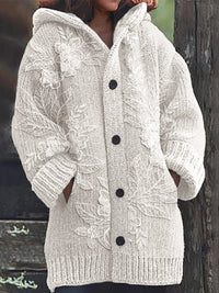 Classy Floral 3d Embroidered Lace Cozy Knit Hooded Cardigan