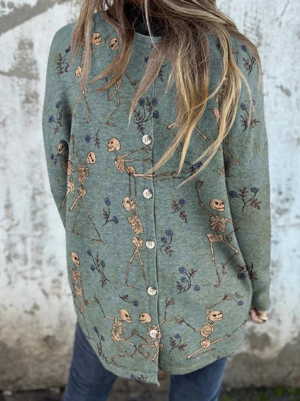 Weird Romantic Skull Pas De Deux Decorative Pattern Button Back Casual Knitted Shirt