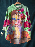 Oil Painting Women's Portrait Art Printed Women's Casual Cotton And Linen Shirt
