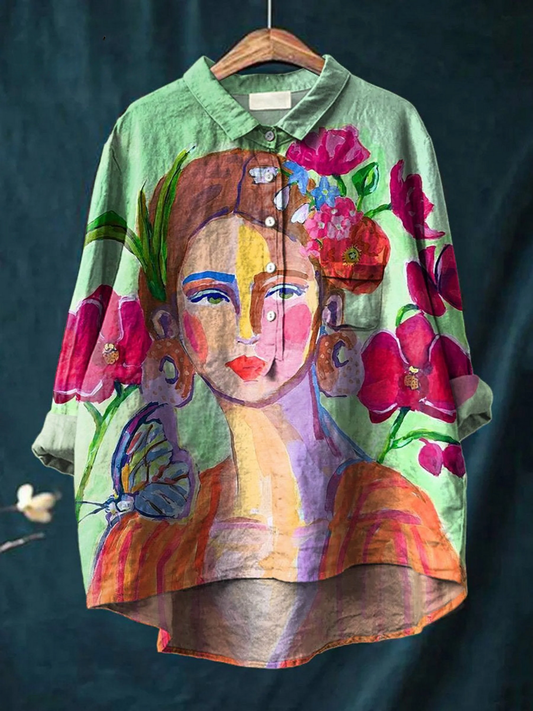 Oil Painting Women's Portrait Art Printed Women's Casual Cotton And Linen Shirt