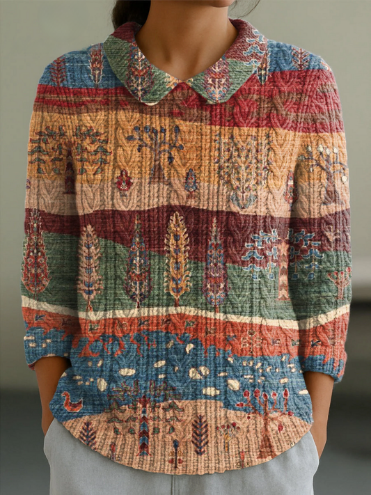 Women's Vintage Abstract Landscape Painting Art Print Casual Peter Pan Collar 3/4 Sleeve Sweater