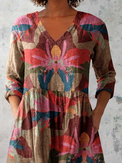 Women's Elegant Floral Print Doll Neck Cotton and Linen Tunic