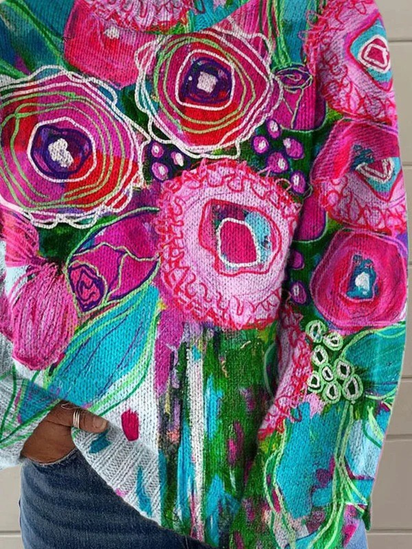 Lovely Floral Pattern Art Print Knit Turtleneck Pullover Sweater