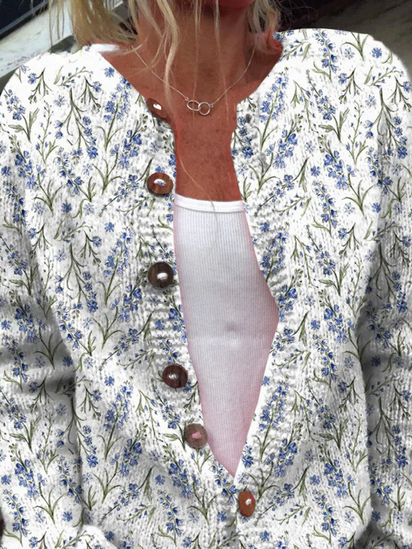 Blue Spring Lavender Floral Pattern Printed Buttoned Cardigan Sweater