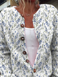 Blue Spring Lavender Floral Pattern Printed Buttoned Cardigan Sweater