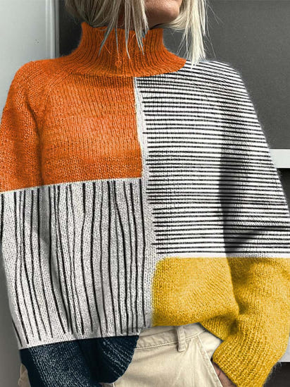 Sweater with a turtleneck in color block and decorative pattern