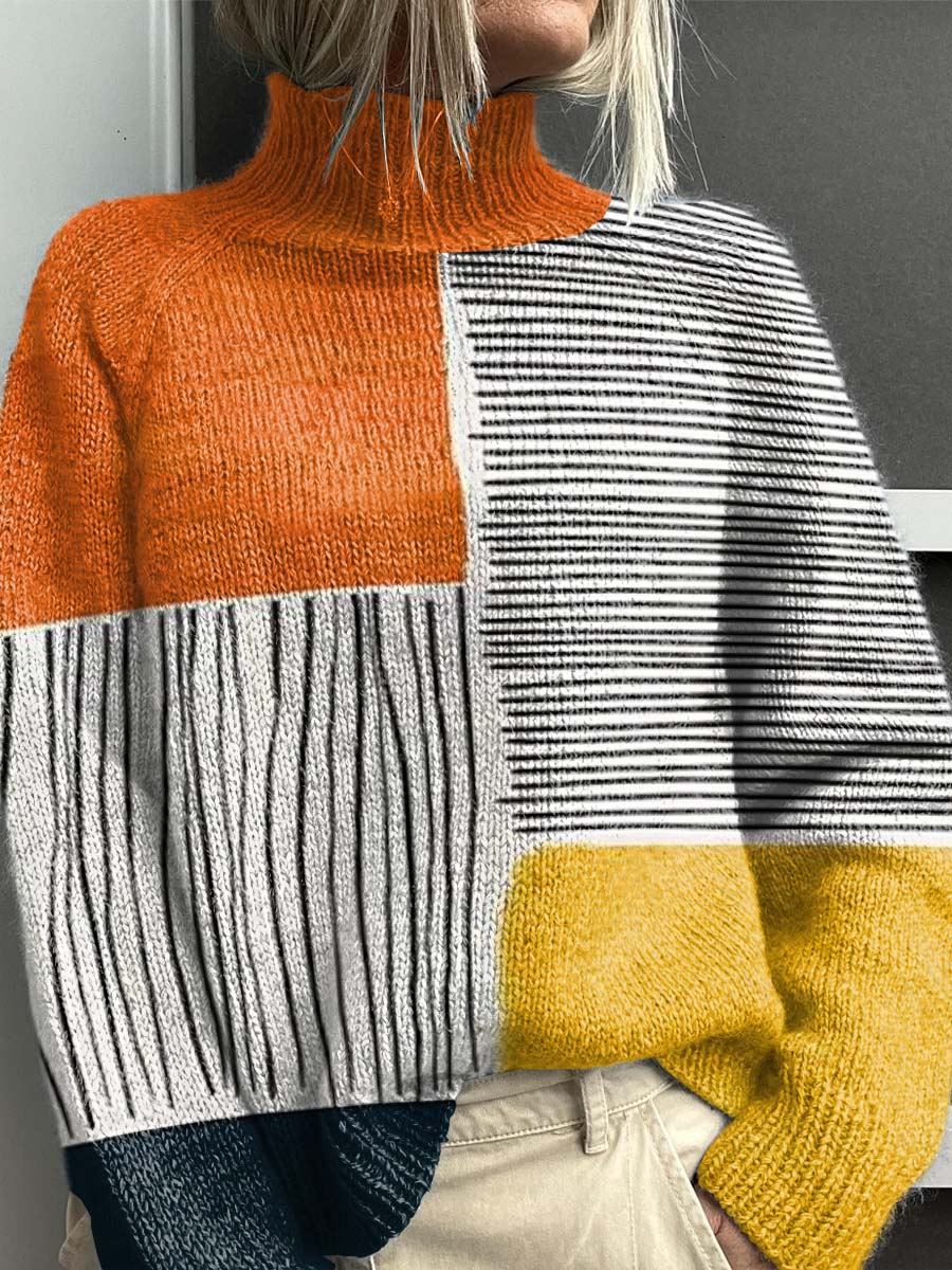 Sweater with a turtleneck in color block and decorative pattern