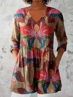 Women's Elegant Floral Print Doll Neck Cotton and Linen Tunic