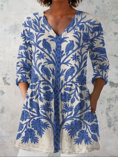 Women's  Vintage Floral Art Print Casual Linen V-neck Shirt