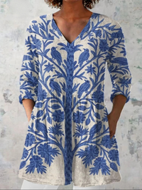 Women's  Vintage Floral Art Print Casual Linen V-neck Shirt