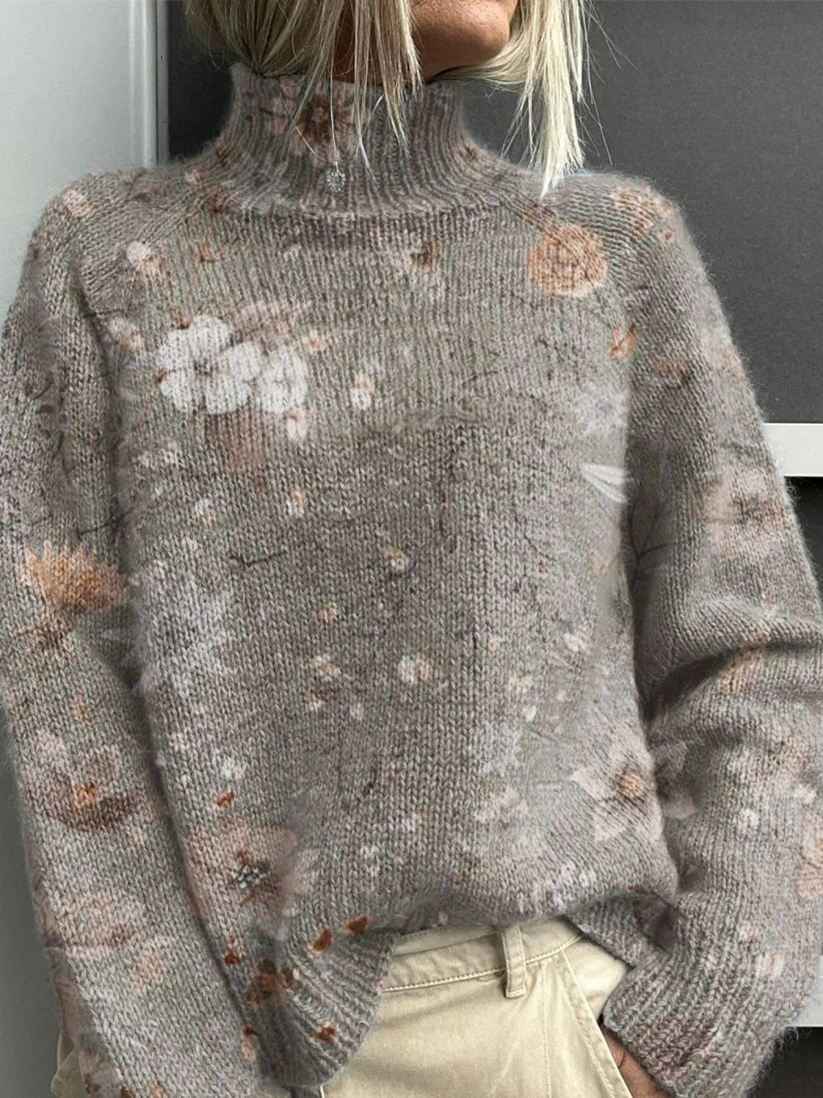 Retro Floral Pattern Print Knit Turtleneck Pullover Sweater
