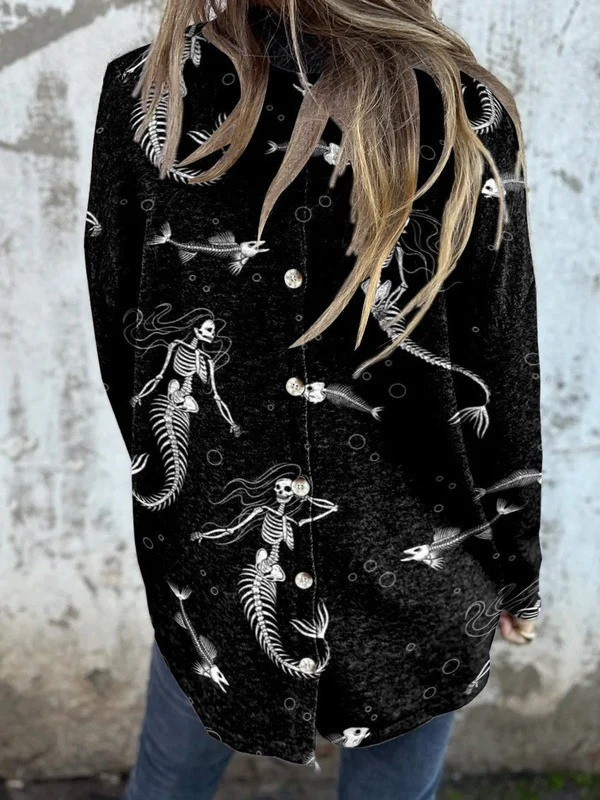 Strange Mermaid Skull Decorative Pattern Button Back Casual Knitted Shirt