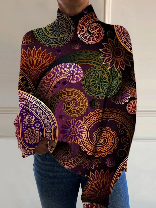 Abstract Retro Pattern Art Print Knit Turtleneck Pullover Sweater