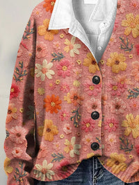Vintage Floral Art Print Buttoned V-neck Cardigan Sweater