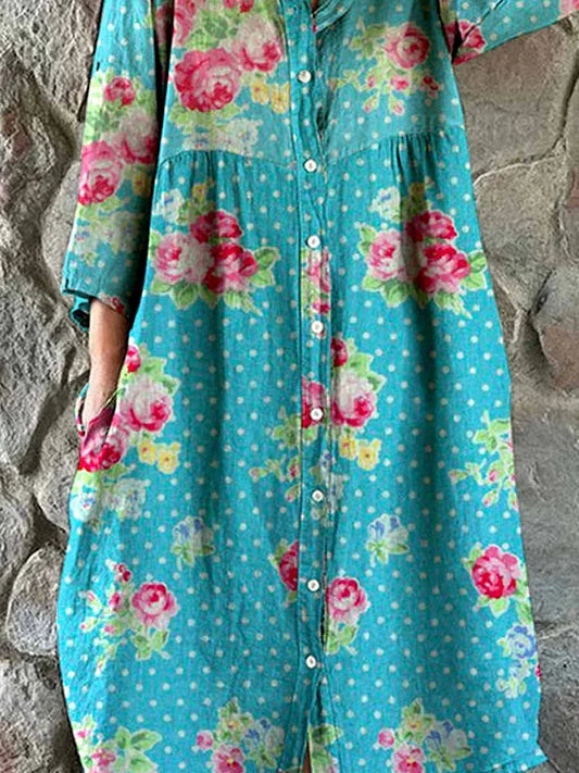Women's Elegant Rose Polka Dot Floral Print Shirt Style Cotton and Linen Dress