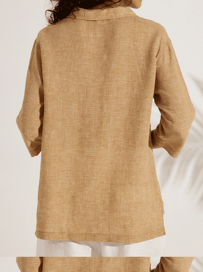 Women's Casual Checked Linen Classic Doll Collar Shirt