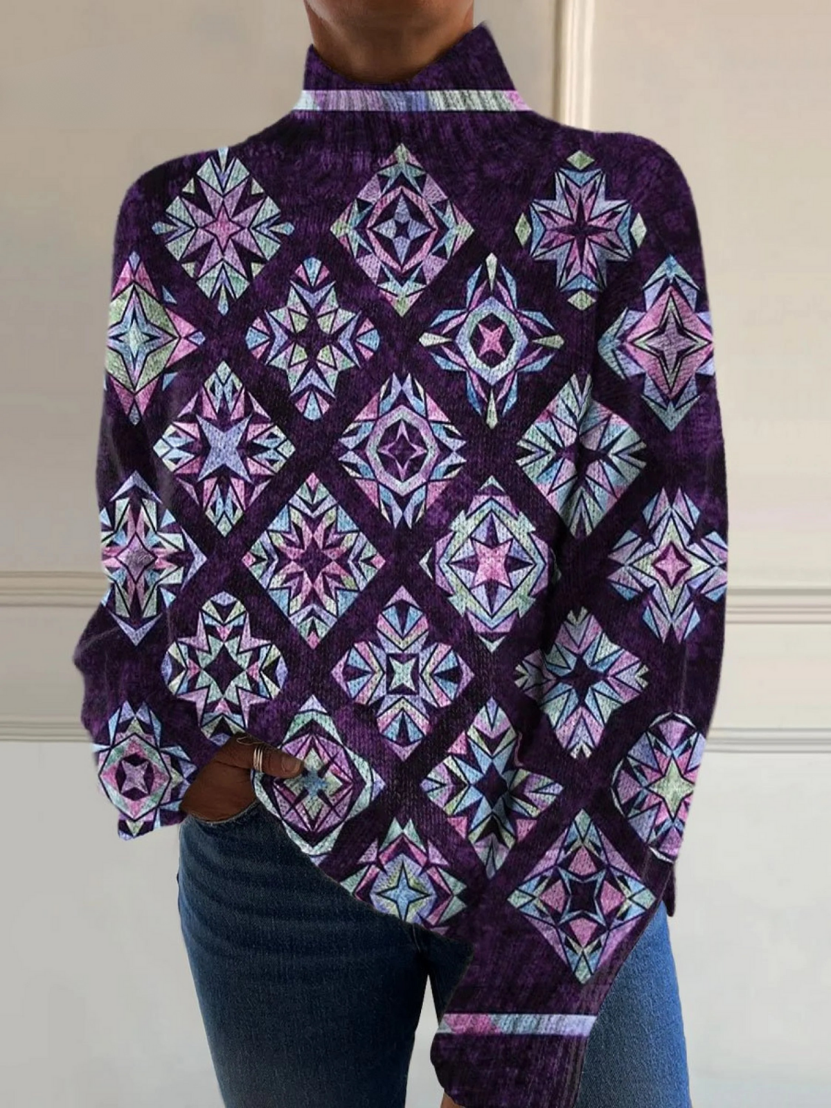 Retro Pattern Art Print Knit Turtleneck Pullover Sweater