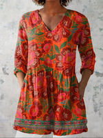 Ethnic Style Summer Floral Pattern Printed Women's Casual Linen V-Neck Tunic