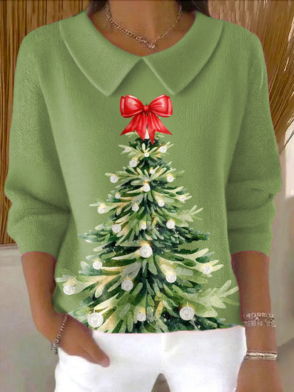 Women's Christmas Tree Art Print Casual Peter Pan Collar 3/4 Sleeve Sweater