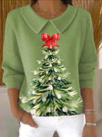 Women's Christmas Tree Art Print Casual Peter Pan Collar 3/4 Sleeve Sweater