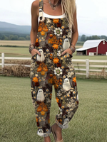 Women's Ghost Flower Art Print Casual 100% Cotton Wide Leg Jumpsuit