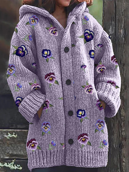 Pansy Floral Embroidery Pattern Cozy Hooded Cardigan