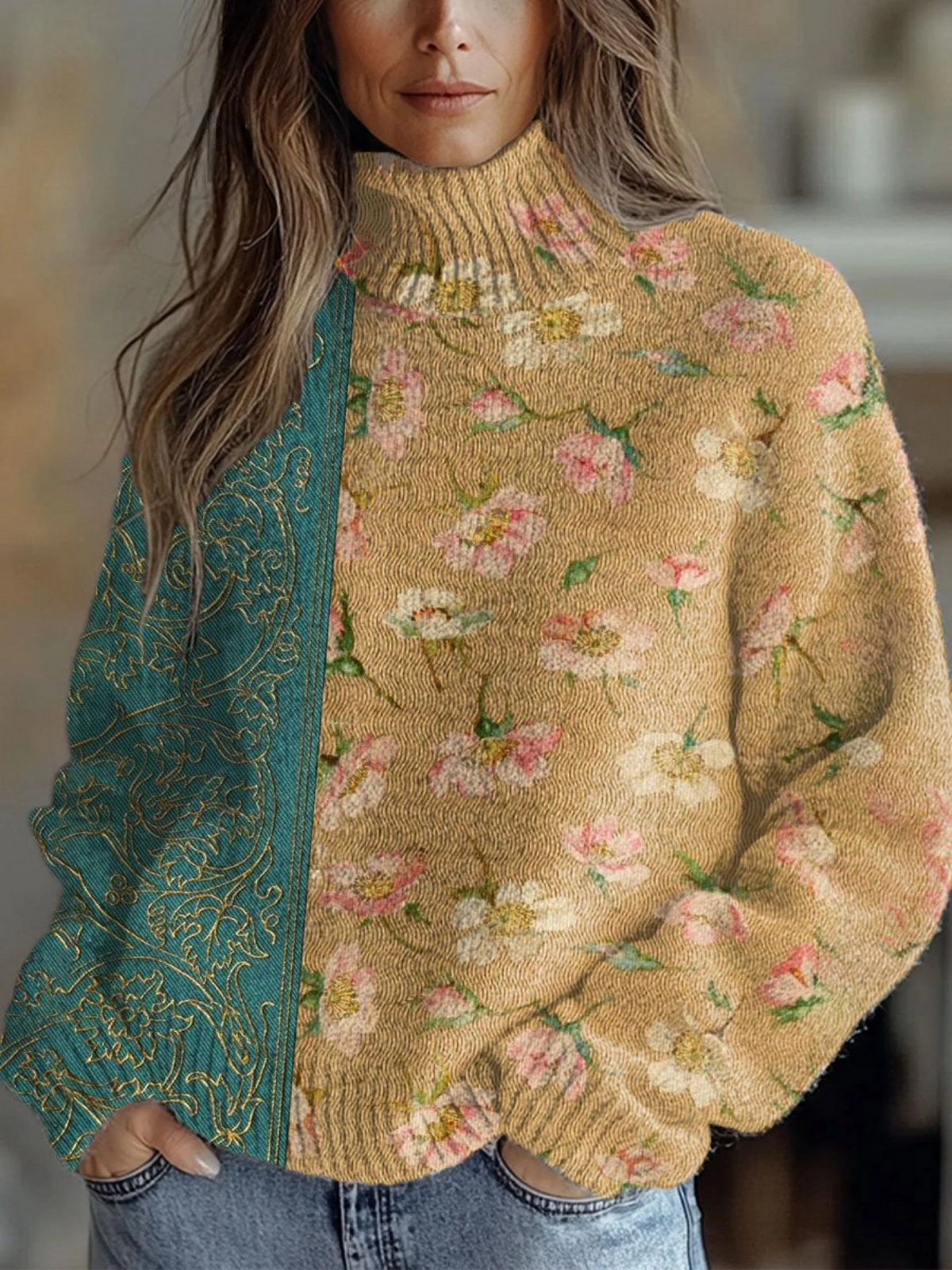 Flowers Art Print Knit Turtleneck Pullover Sweater