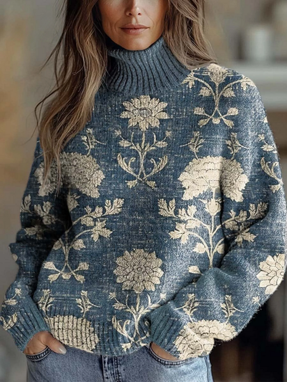 Women's Vintage Lovely Floral Art Print Knit Turtleneck Pullover Sweater