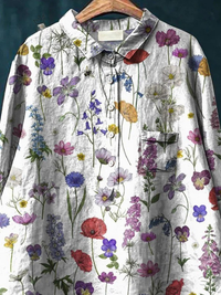 Spring Botanical Garden Pattern Printed Women's Casual Cotton And Linen Shirt