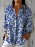 Women's  Vintage Floral Art Print Casual Linen V-neck Shirt