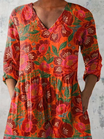 Ethnic Style Summer Floral Pattern Printed Women's Casual Linen V-Neck Tunic