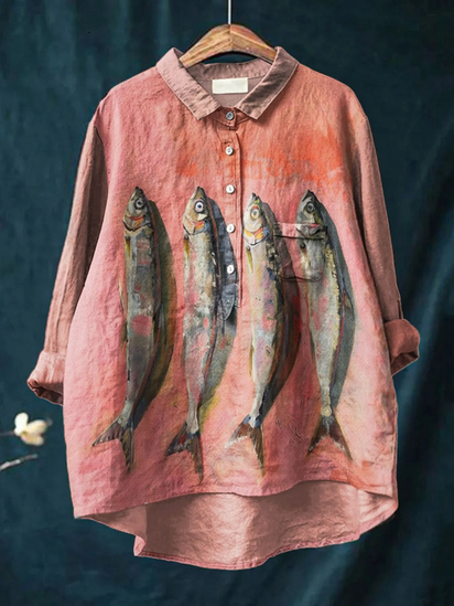 Women's Vintage Fish Art Print Casual Cotton And Linen Shirt