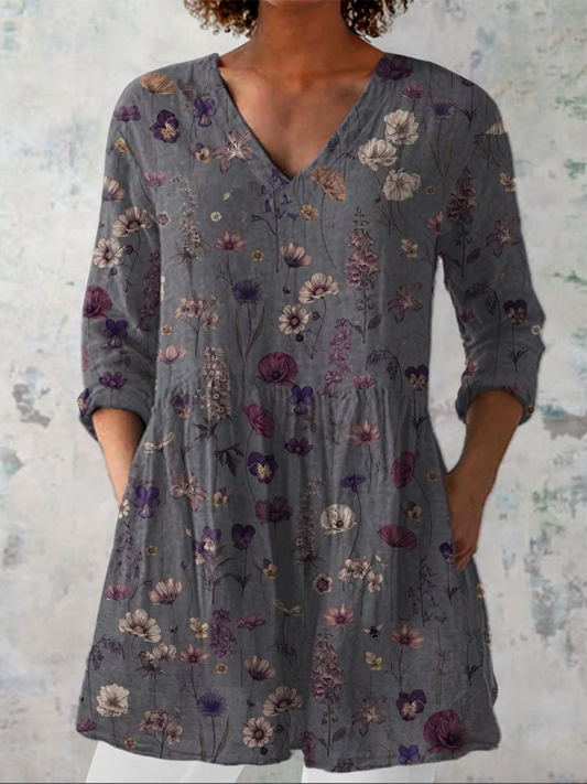 Women's  Flowers Art  Print Casual Linen V-neck Tunic
