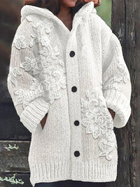 Vintage Floral Lace Embroidered Knit Hooded Cardigan