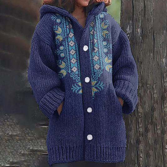 Vintage We Love Peace Embroidery Pattern Cozy Hooded Cardigan