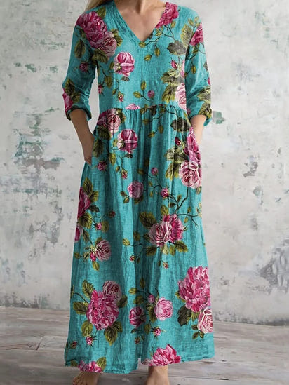 Women's Vintage Floral Print Casual Cotton Dress
