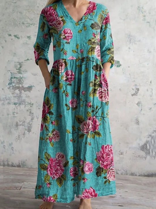 Women's Vintage Floral Print Casual Cotton Dress