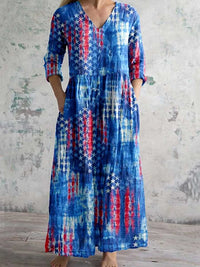 Women's Independence Day Flag Watercolor Gradient Print V-Neck Cotton and Linen Dress