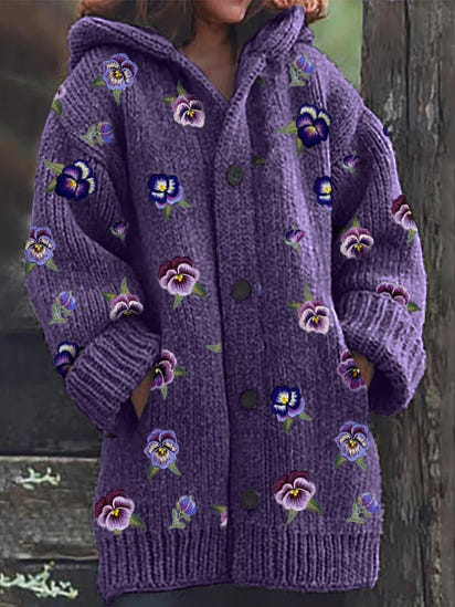 Pansy Floral Embroidery Pattern Cozy Hooded Cardigan