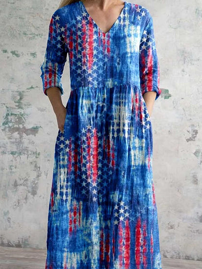 Women's Independence Day Flag Watercolor Gradient Print V-Neck Cotton and Linen Dress