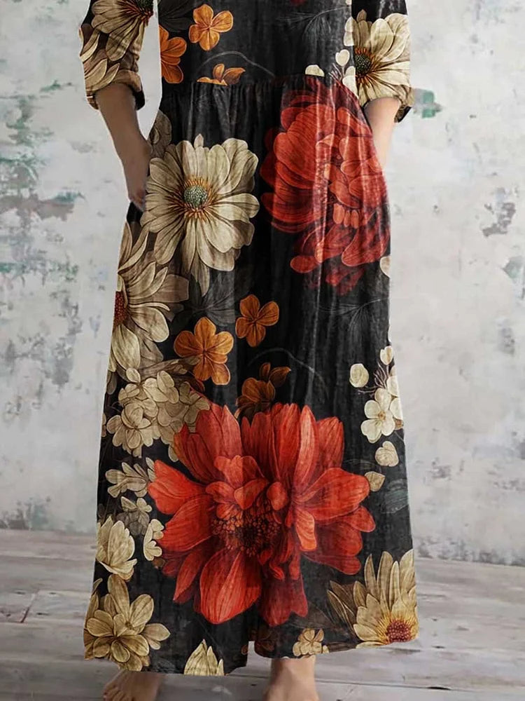Women's Vintage Floral Print Casual Cotton Dress